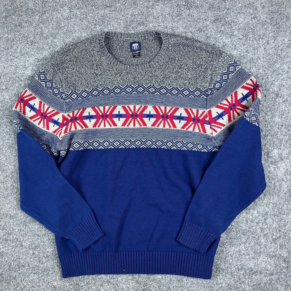 Route 66 Sweater Mens Size XL Blue Red Fair Isle‎ Knit Pullover Winter Casual